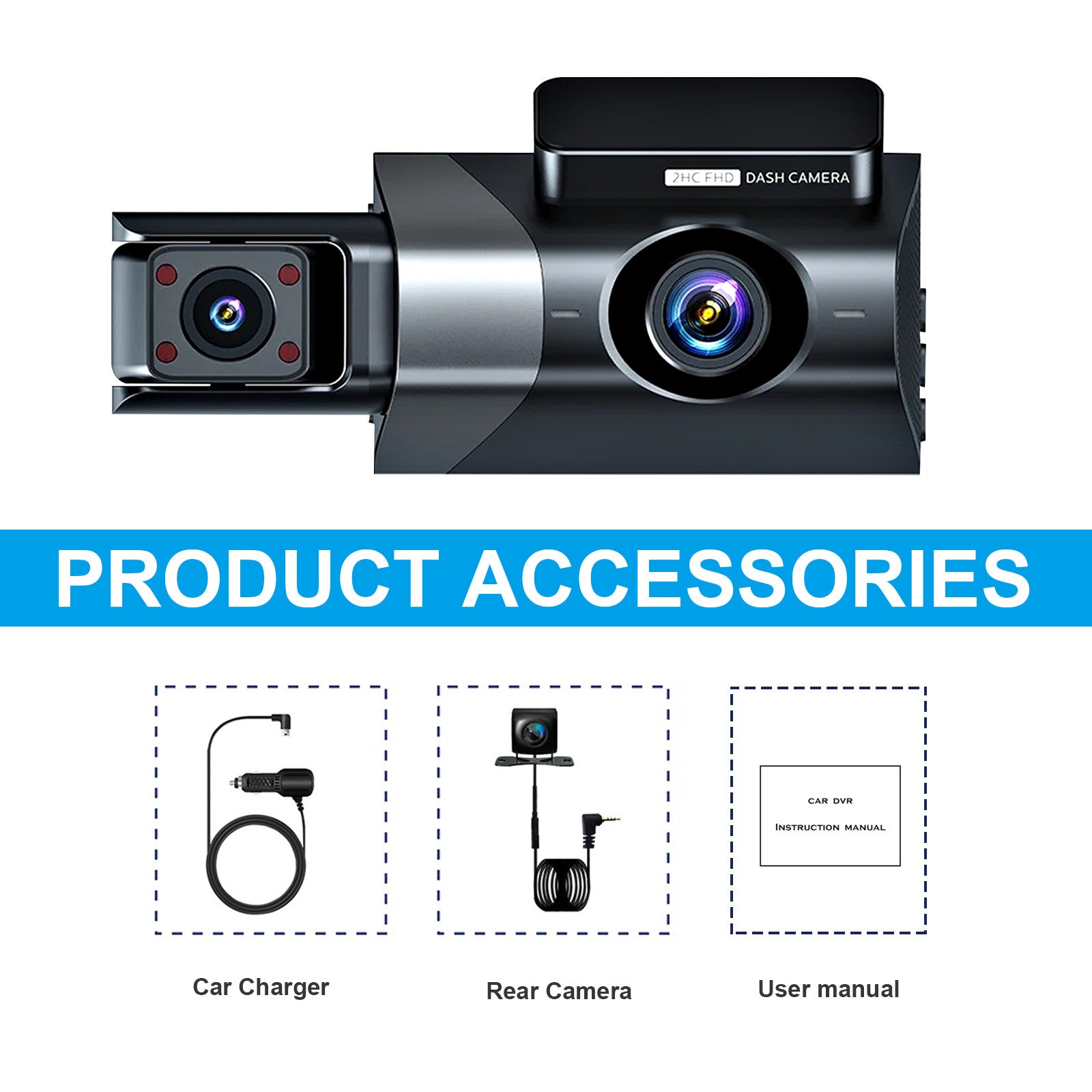 3-Lens Dash Cam Pro – 1296P HD WiFi Front, Rear & Interior Camera